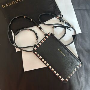 Bandolier black leather silver colored metal studded flat pouch & studded strap